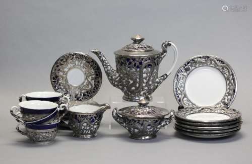 Chinese silver mounted porcelain tea set, possibly Republican period