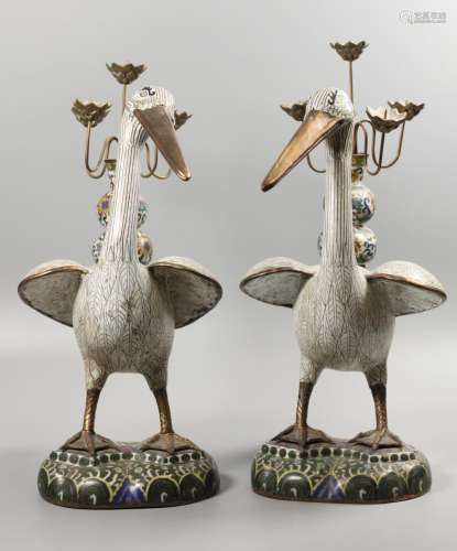 pair of Chinese bird form cloisonne candleholders
