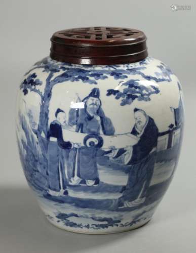 Chinese blue & white porcelain cover jar, possibly Qing dynsty