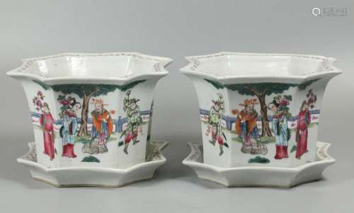 pair of Chinese porcelain planters w/ dishes