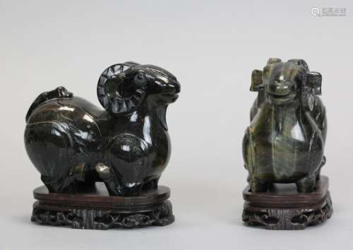 pair of carved Chinese tiger eye rams