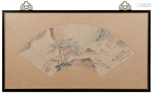 Chinese Fan Landscape Painting by Pu Ru