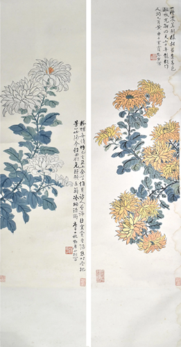 Pair of Chinese Paintings of Flowers by Gao Y…