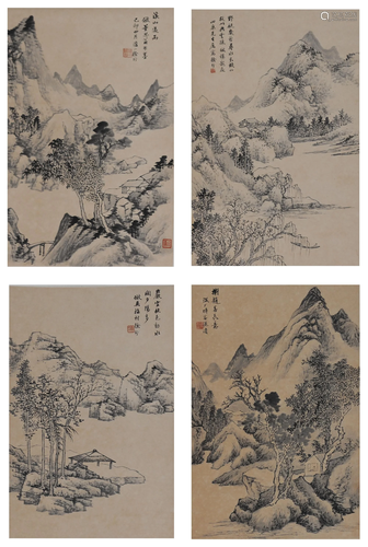 Set of Four Chinese Landscape Paintings by Xu Xing