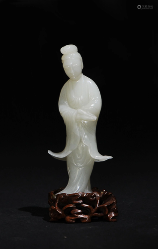 Chinese White Jade Carving of Guanyin, 19th Ce…