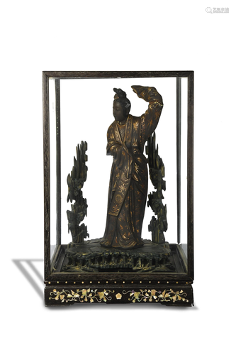 Chinese Lacquer Wood Statue of Court Lady, 19th Ce…