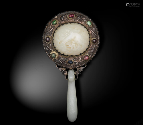 Chinese Hand Mirror with White Jade Handle, 17t…