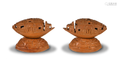 Pair of Chinese Carved Olive Pit Boats, 19th Century