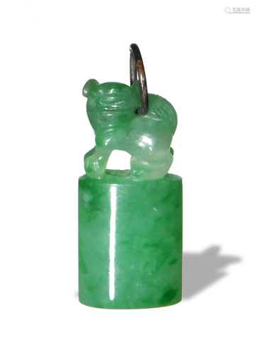 Chinese Jadeite Seal with Lion Finial, Late 19th Cent