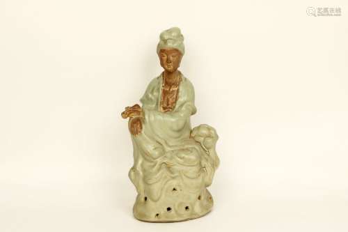 Celadon Glazed Porcelain Old Woman Statue
