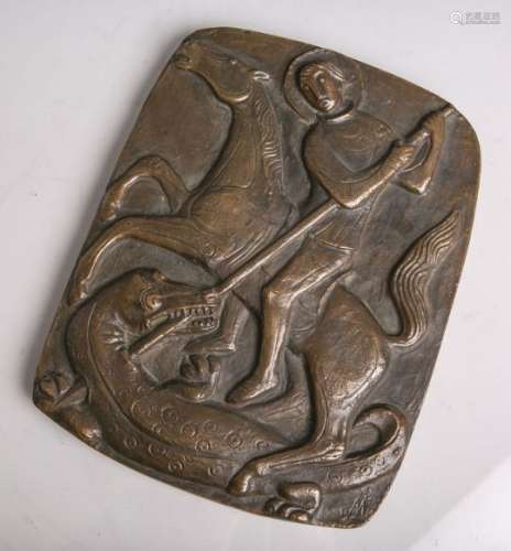 Bronzeplatte, Darstellung des Hl. Georgs als Drachentöter, re. u. monogrammiert 