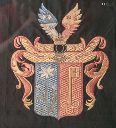 Gesticktes Wappen (wohl 19. Jahr***dert), aus feinen Seidenfäden gearbeitet, farbig auf
