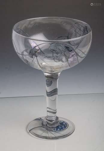 Großer Glaspokal (neuzeitlich), aus klarem Glas mit grau-blauen Aufschmelzungen, H. ca. 27