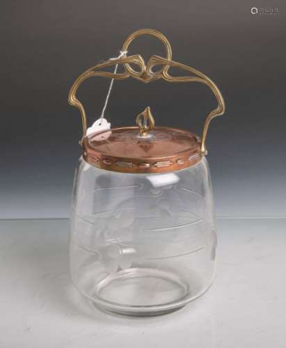 Eiswürfelbehälter (wohl um 1900), Gefäßkörper aus klarem Glas m. Schliffdekor, Deckel u.