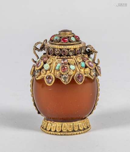 Chinese Emperor Type Amber Like & Brass Snuff Bottle