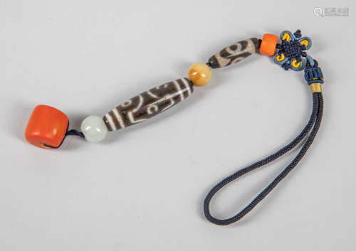 Long Chinese Dzi Beads & Coral Like Beads Pendant