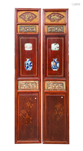 Pair Chinese Antique Porcelain & Wood Panel Screen