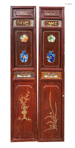 Pair Chinese Antique Porcelain Wood Panel Screens