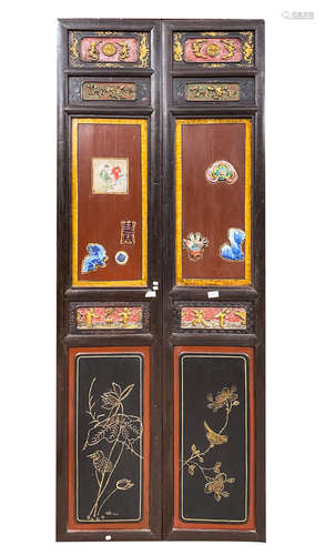 Pair Chinese Antique Porcelain Wood Panel Screens