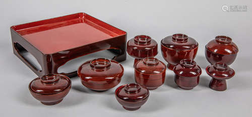 Collectible Japanese Showa Lacquer Tray & Tea Cups