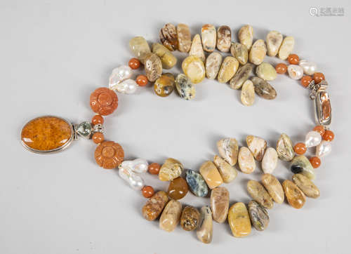 Designed Art Sterling Silver, Pearl & Agate Necklace