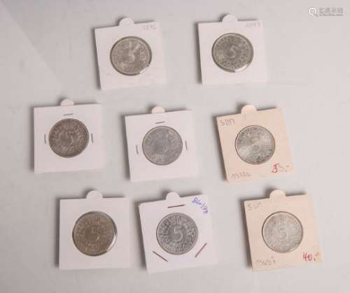 Konvolut von 8x 5-DM-Münzen (BRD), Silberadler, bestehend aus: 1x 1951 D, 1x 1951 F, 1x