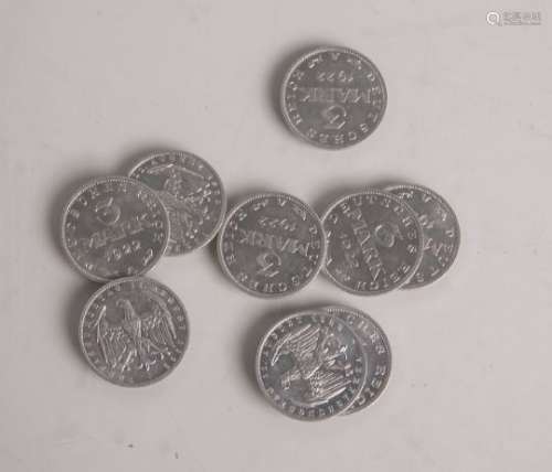 Konvolut von 9x 3-Markmünzen 