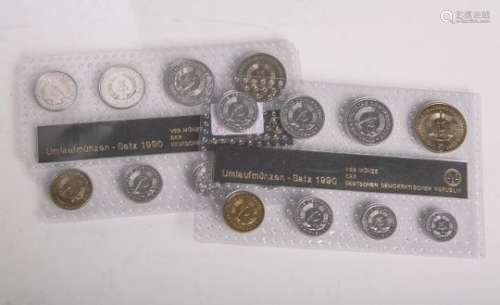 2x DDR-Kursmünzsatz (1990), 1 Pfennig bis 5 Mark (8,86 Mark), Münzprägestätte: A,