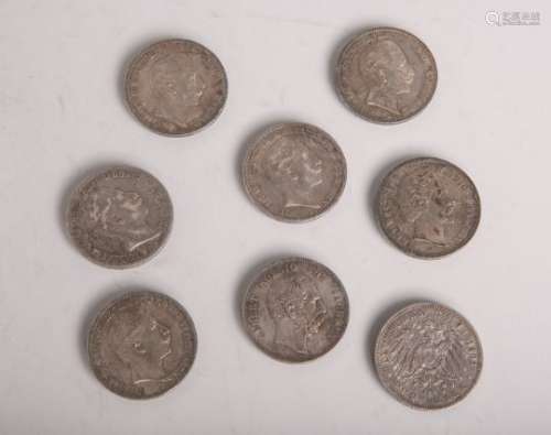 Konvolut von 5-Mark-Silbermünzen (Kaiserreich), 8 Stück, bestehend aus: 4x 
