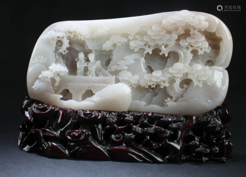 Chinese Carved White Jade Ornament with Stand