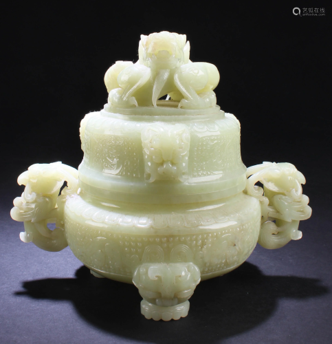 Chinese Carved Nephrite Jade Censer with Li…