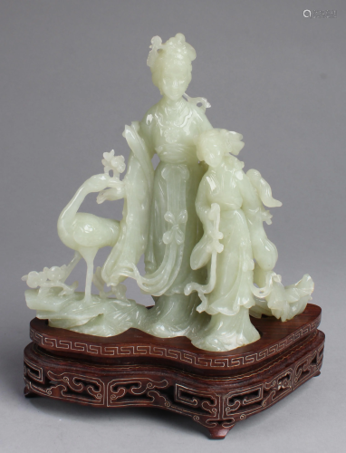 Chinese Carved Jade Statue with Stand, 20th C