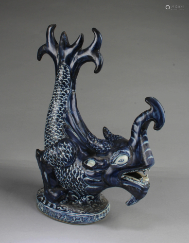 Chinese Blue & White Mythical Beast Statue
