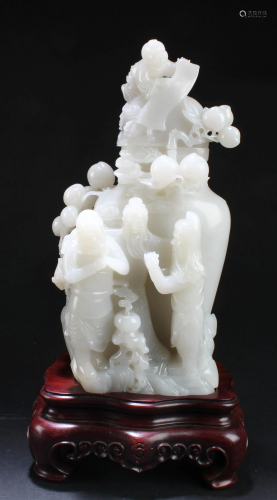 Chinese Carved White Jade Vase with Lid, GIA #