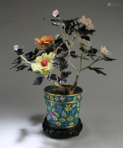 A Cloisonne Flower Pot with Agate Flower Petals