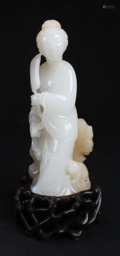 Chinese Carved White Jade Maiden with Cat Statue