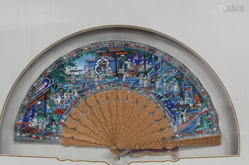 A Framed Sandalwood Fan-Shaped Painting