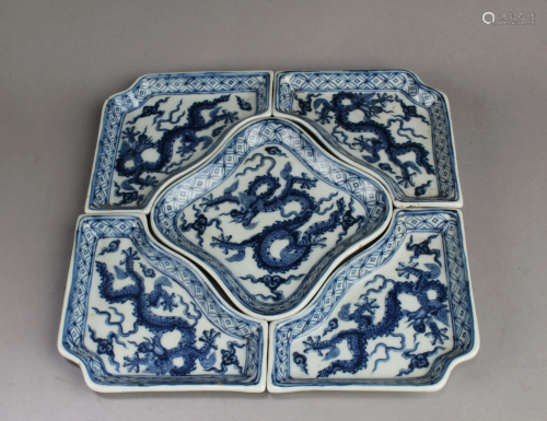 A Five Piece Blue & White Porelain Fruit Platter