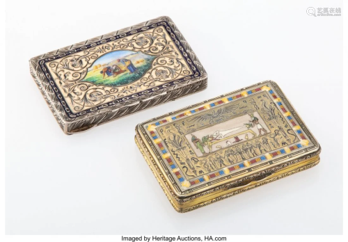 27052: Two Partial Gilt Metal and Enamel Snuff Boxes…