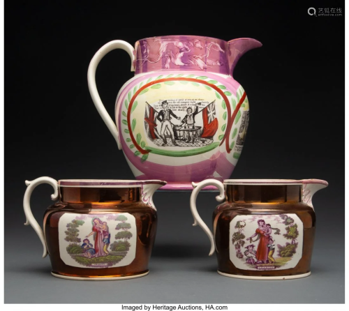 27024: Three British Lusterware Pottery Pitchers, 19th