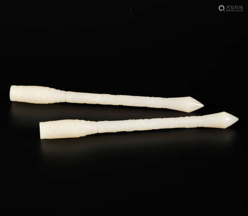 A Pair of HeTian Jade Chinese Ancient Pen from Qing清代和田玉毛筆杆一對