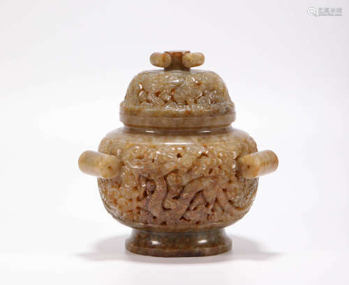 HeTian Jade Dragon Grain censer from Ming明代和田玉
鏤空雕龍紋熏爐