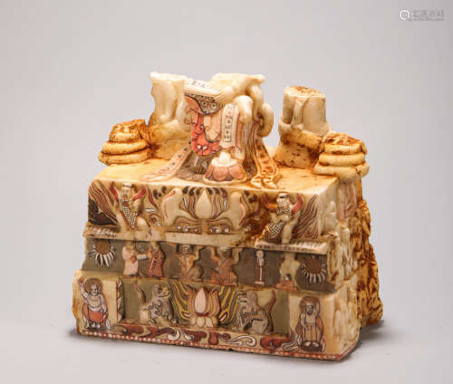Han White Jade Stone with Colored Holder from Tang唐代漢白玉石加彩底托