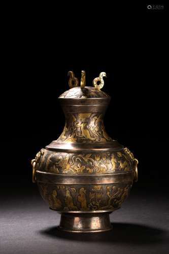 A SILVER GOLD INLAID 'FIGURES' HU VASE