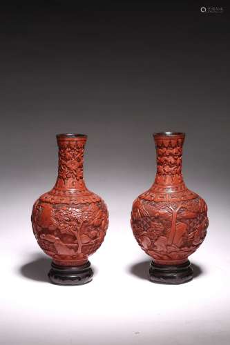 A PAIR OF CINNABAR LACQUER 'SCHOLARS' VASES