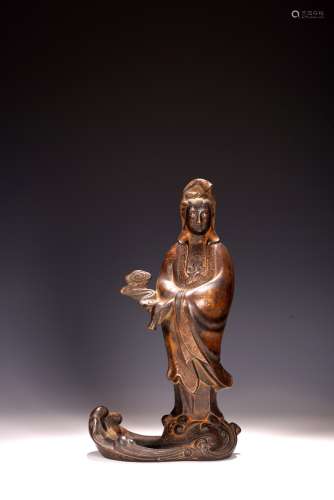 A CHINESE BRONZE SILVER WIRE INLAID GUANYIN