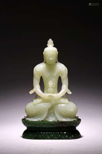 A CHINESE WHITE JADE AMITAYUS WITH GREEN JADE STAND