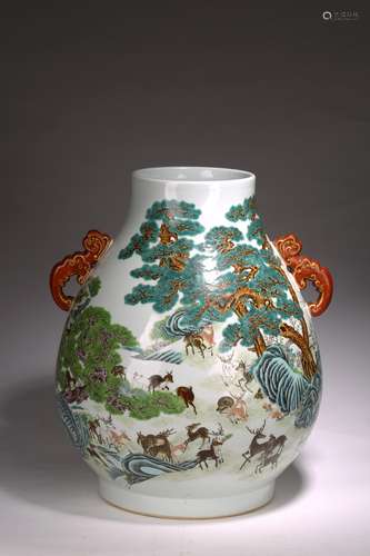 A LARGE CHINESE FAMILLE ROSE 'HUNDRED DEER' VASE