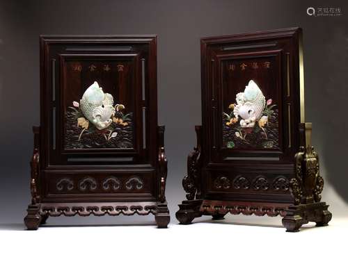 A PAIR OF HARDWOOD HARDSTONE INLAID TABLE SCREENS