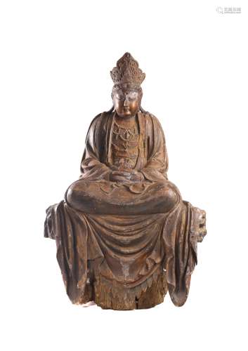 A LARGE WOOD CARVED LACQUERED FIGURE OF GUANYIN